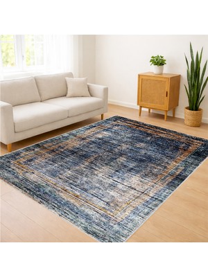 Mavi ve Turuncu Tonlarda Eskitme Desenli Salon Halısı Toz Tutmaz Kaymaz Tabanlı Canlı Stil - FNL-481