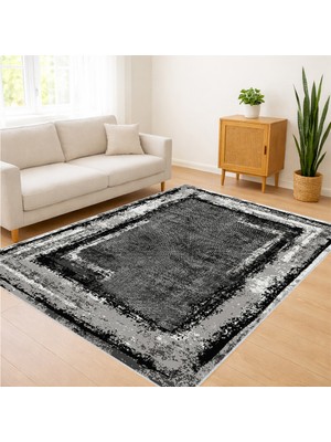 Koyu Gri Zeminli Sade Çerçeveli Salon Halısı Yıkanabilir Kaymaz Tabanlı Güçlü ve Net Görünüm - SM-691