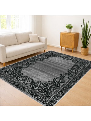 Siyah Zeminli Koyu Klasik Desenli Salon Halısı Yıkanabilir Antialerjik Kaymaz Tabanlı - RVG0330