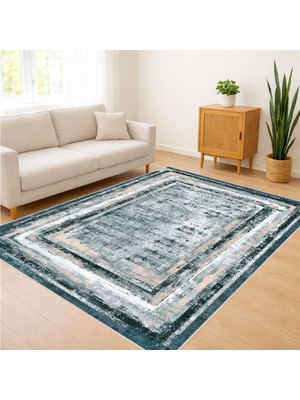 Yeşil ve Krem Tonlarda Çerçeveli Klasik Salon Halısı Toz Tutmaz Kaymaz Tabanlı Doğal Görünüm - FNL-456