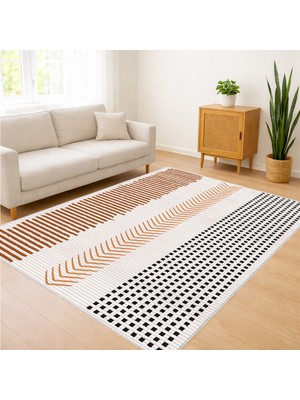 Beyaz Zeminli Çizgisel Modern Desenli Salon Halısı Yıkanabilir Toz Tutmaz Kaymaz Tabanlı - SD-1157