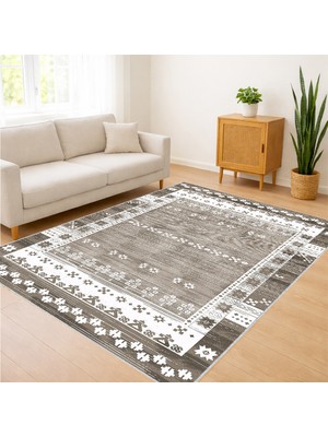 Bej Zeminli Çerçeveli Klasik Salon Halısı Antialerjik Kaymaz Tabanlı Sade ve Şık Görünüm - Sm-23