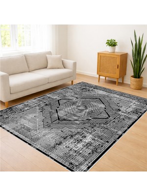 Gri Tonlarda Dairesel Desenli Salon Halısı Toz Tutmaz Kaymaz Tabanlı Modern Dokunuş - FNL-469