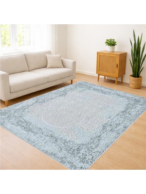 Açık Mavi Tonlarda Yumuşak Dokulu Salon Halısı Yıkanabilir Kaymaz Tabanlı - SM-495