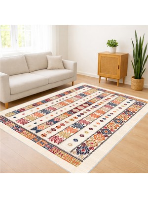 Bej Zeminli Renkli Şerit Desenli Salon Halısı Yıkanabilir Antialerjik Kaymaz Tabanlı - FNL-438