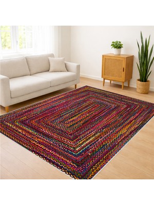 Renkli Çizgisel Etnik Desenli Salon Halısı Yıkanabilir Kaymaz Tabanlı Enerjik Dekorasyon - SM-600