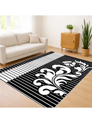 Siyah Zeminli Beyaz Çiçek Desenli Salon Halısı Antialerjik Kaymaz Tabanlı Dikkat Çekici Stil - SM-277