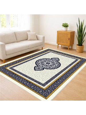 Lacivert Zeminli Altın Çerçeveli Klasik Salon Halısı Yıkanabilir Antialerjik Kaymaz Tabanlı - SD-1135