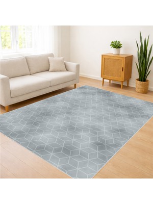 Açık Mavi Mermer Efektli Salon Halısı Yıkanabilir Antialerjik Kaymaz Tabanlı Ferah Görünüm - FNL-368