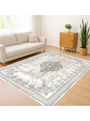 Açık Gri Zeminli Merkezi Motifli Klasik Salon Halısı Yıkanabilir Antialerjik Kaymaz Tabanlı - SD-1126