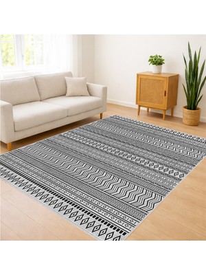 Gri Tonlarda Çizgisel Dokulu Salon Halısı Antialerjik Kaymaz Tabanlı Sade Dekorasyon - SD-1163