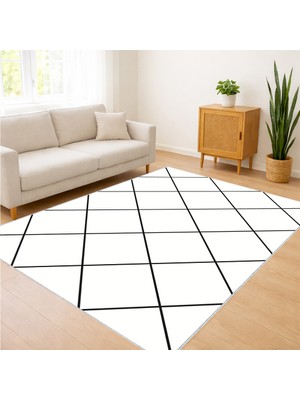 Beyaz Zeminli Siyah Baklava Desenli Modern Salon Halısı Yıkanabilir Kaymaz Tabanlı Net Kontrast - SM-547