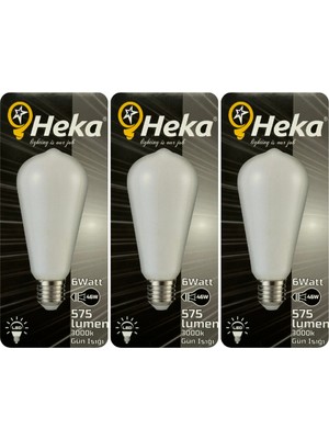 (3 Adet) Heka 6W (46W) 3000K (Sarı Işık) E27 Duylu Soft LED ST64 Filament Ampul
