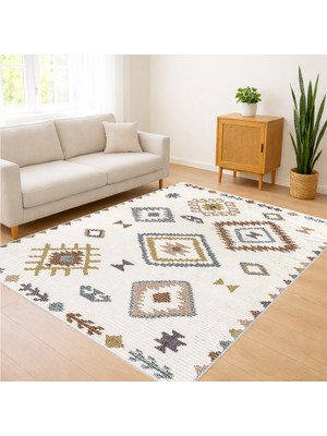 Bej Zeminli Etnik Geometrik Desenli Salon Halısı Yıkanabilir Kaymaz Tabanlı Sıcak Görünüm - SM-577