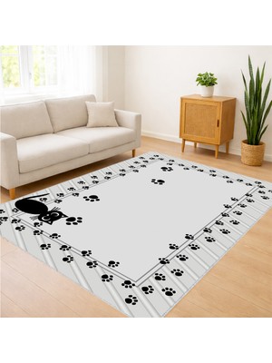 Beyaz Zeminli Siyah Pati Desenli Salon Halısı Yıkanabilir Toz Tutmaz Kaymaz Tabanlı - SM-230