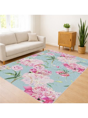 Pembe Tonlarda Çiçek Desenli Salon Halısı Yıkanabilir Toz Tutmaz Kaymaz Tabanlı Romantik Dekorasyon - SM-232
