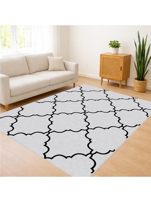 Beyaz Zeminli Siyah Kıvrımlı Desenli Salon Halısı Antialerjik Kaymaz Tabanlı Zarif Görünüm - SM-149