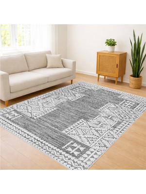 Gri Zeminli Etnik Geometrik Desenli Salon Halısı Toz Tutmaz Kaymaz Tabanlı Modern Dokunuş - SD-1138