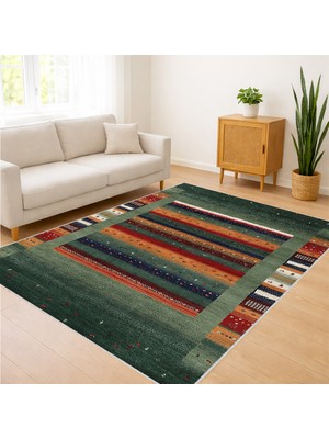 Yeşil ve Kırmızı Tonlarda Etnik Çizgili Salon Halısı Antialerjik Kaymaz Tabanlı Sıcak Kullanım - SM-637