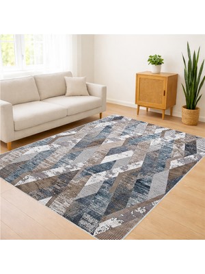 Gri ve Mavi Tonlarda Patchwork Desenli Salon Halısı Yıkanabilir Toz Tutmaz Kaymaz Tabanlı - SM-175