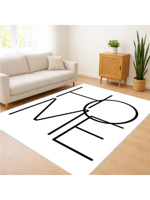 Beyaz Zeminli Tipografik Modern Desenli Salon Halısı Antialerjik Kaymaz Tabanlı Özgün Stil - SM-375