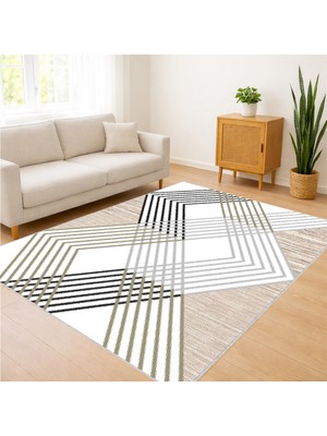 Bej ve Siyah Çizgisel Geometrik Desenli Salon Halısı Antialerjik Kaymaz Tabanlı Modern Stil - SM-142