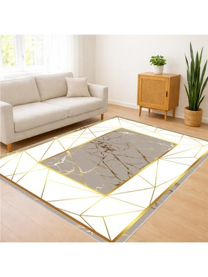 Krem Zeminli Altın Çizgili Modern Salon Halısı Yıkanabilir Toz Tutmaz Kaymaz Tabanlı - SD-1186