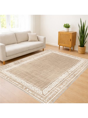 Bej Zeminli Sade Dokulu Klasik Salon Halısı Antialerjik Kaymaz Tabanlı Doğal Stil - SM-281