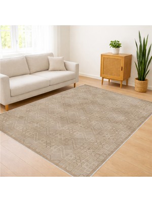 Krem ve Kahverengi Tonlarda Yumuşak Geçişli Salon Halısı Yıkanabilir Antialerjik Kaymaz Tabanlı - FNL-412