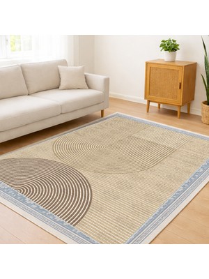 Bej Tonlarda Dairesel Desenli Salon Halısı Antialerjik Kaymaz Tabanlı Modern ve Yumuşak Stil - FNL-345