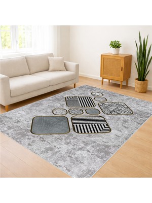 Gri Zeminli Modern Paspas Setli Salon Halısı Antialerjik Kaymaz Tabanlı Pratik Kullanım - SD-1174