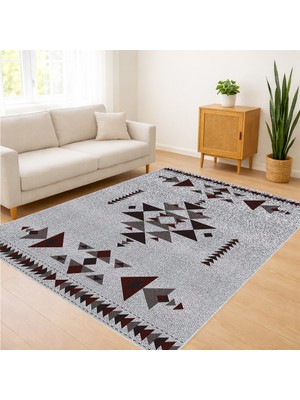 Krem ve Kahverengi Tonlarda Etnik Çizgili Salon Halısı Toz Tutmaz Kaymaz Tabanlı - SD-1058