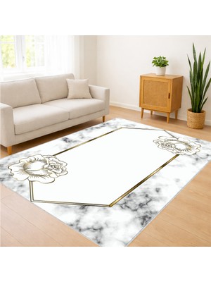 Beyaz Zeminli Mermer Efektli Modern Salon Halısı Yıkanabilir Toz Tutmaz Kaymaz Tabanlı Şık Görünüm - FNL-447