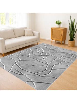 Gri Zeminli Çizgisel Kabartma Görünümlü Salon Halısı Antialerjik Kaymaz Tabanlı - FNL-365