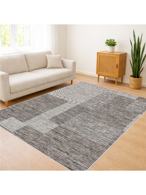 Gri Tonlarda Parçalı Desenli Salon Halısı Yıkanabilir Leke Tutmaz Kaymaz Tabanlı - FNL-340