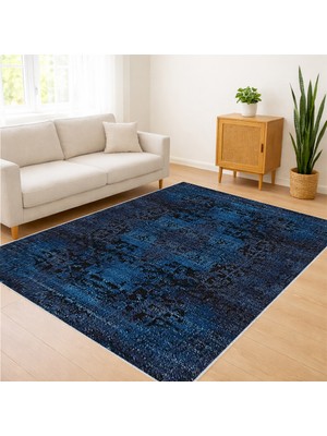 Lacivert Tonlarda Eskitme Dokulu Salon Halısı Antialerjik Kaymaz Tabanlı Derin Görünüm - SM-314