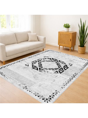 Açık Gri Zeminli Klasik Motifli Salon Halısı Toz Tutmaz Kaymaz Tabanlı Sade Şıklık - SD-1055