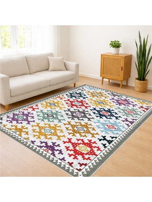 Renkli Etnik Motifli Modern Salon Halısı Antialerjik Kaymaz Tabanlı Canlı ve Sıcak Kullanım - SM-246