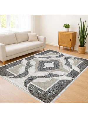 Gri ve Beyaz Tonlarda Akışkan Modern Desenli Salon Halısı Yıkanabilir Toz Tutmaz Kaymaz Tabanlı - Sm-21