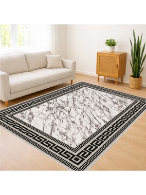 Krem ve Siyah Tonlarda Klasik Desenli Salon Halısı Toz Tutmaz Kaymaz Tabanlı Şık Görünüm - FNL-483