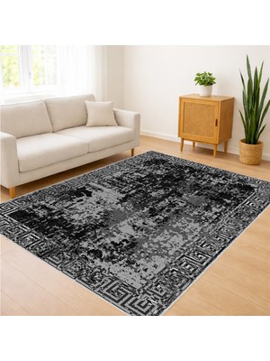 Siyah Zeminli Eskitme Dokulu Salon Halısı Yıkanabilir Antialerjik Kaymaz Tabanlı Güçlü Görünüm - SD-1105