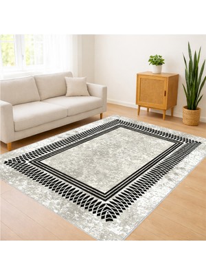 Beyaz Zeminli Siyah Çerçeveli Klasik Salon Halısı Antialerjik Kaymaz Tabanlı Sade Şıklık - SM-172