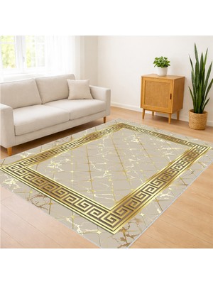 Beyaz Zeminli Altın Çizgili Klasik Salon Halısı Antialerjik Kaymaz Tabanlı Zarif Stil - Sm-37