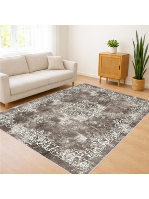 Kahverengi ve Gri Tonlarda Eskitme Desenli Salon Halısı Yıkanabilir Antialerjik Kaymaz Tabanlı - RVG0338