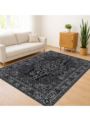 Siyah Zeminli Klasik Motifli Salon Halısı Yıkanabilir Toz Tutmaz Kaymaz Tabanlı - SM-331