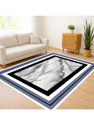 Beyaz Zeminli Siyah Çerçeveli Mermer Desenli Salon Halısı Antialerjik Kaymaz Tabanlı Net Kontrast - SM-162