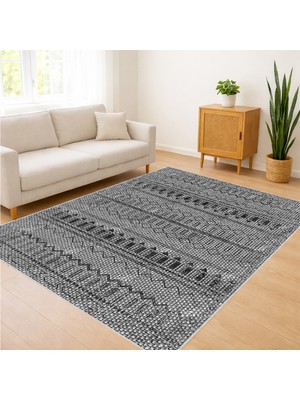 Gri Tonlarda Etnik Çizgili Salon Halısı Yıkanabilir Toz Tutmaz Kaymaz Tabanlı - SD-1173