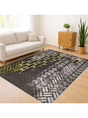 Siyah ve Sarı Tonlarda Geometrik Desenli Salon Halısı Yıkanabilir Kaymaz Tabanlı Güçlü Stil - FNL-325