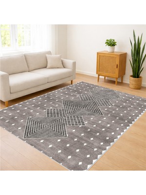 Gri Zeminli Küçük Desenli Salon Halısı Toz Tutmaz Kaymaz Tabanlı Sade Dekorasyon Için - FNL-335