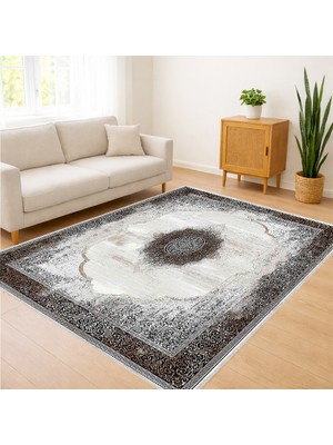 Gri Zeminli Yuvarlak Motifli Modern Salon Halısı Antialerjik Kaymaz Tabanlı Sade ve Şık Görünüm - RVG0443